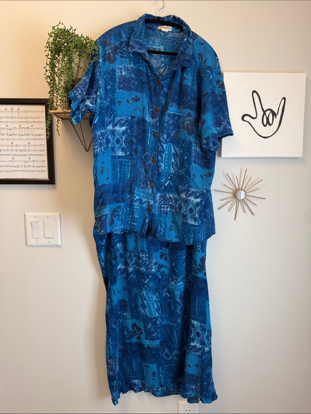 Blue Printed Two-Piece Skirt Set — Relaxed Button Shirt & Matching Skirt